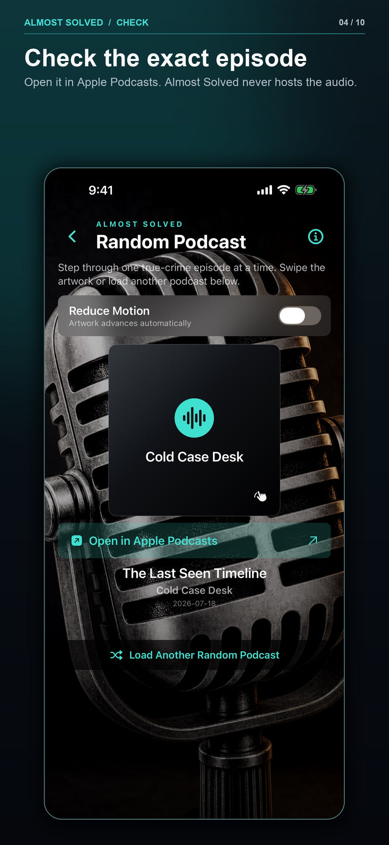 Build 33 screenshot 4 of 10 showing an exact Apple Podcasts episode handoff