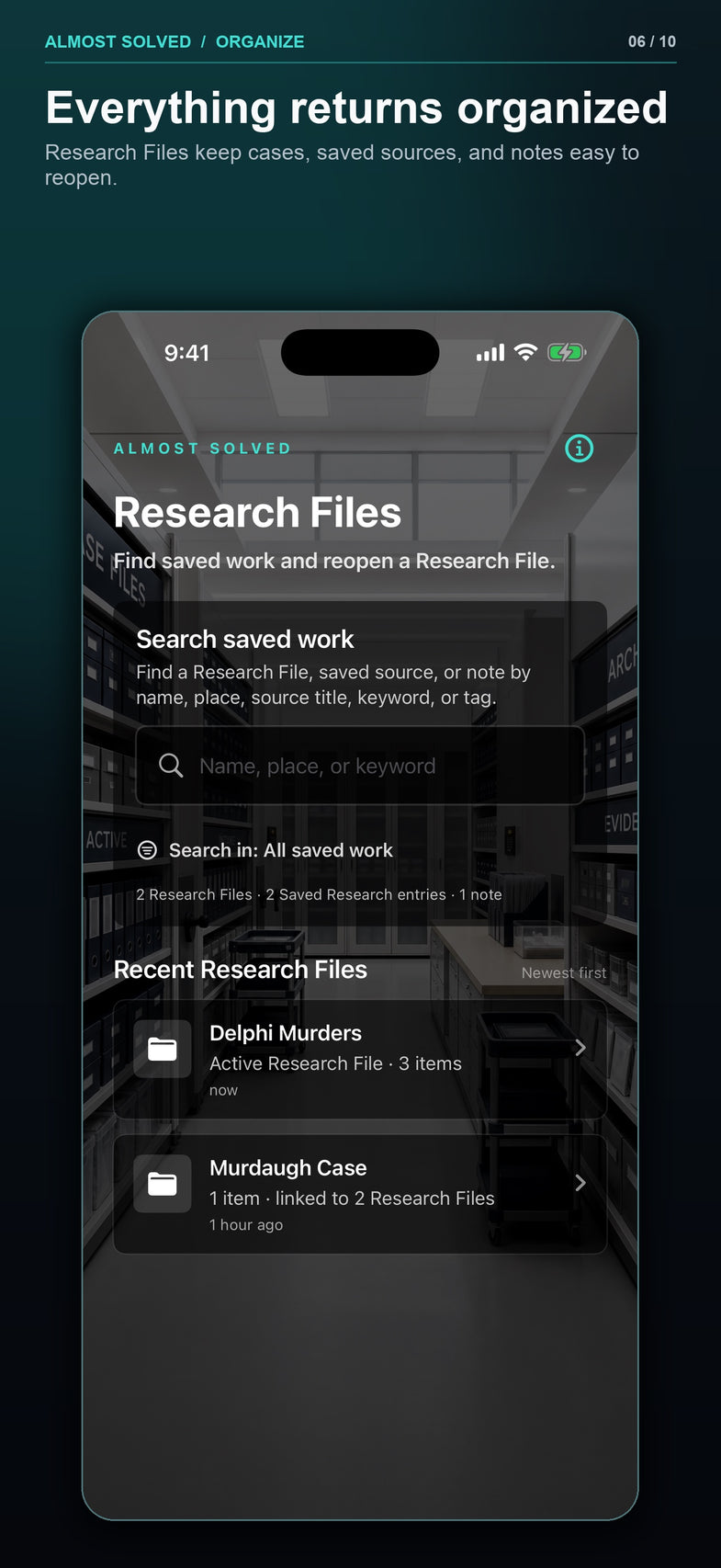 Build 33 screenshot 6 of 10 showing organized saved research
