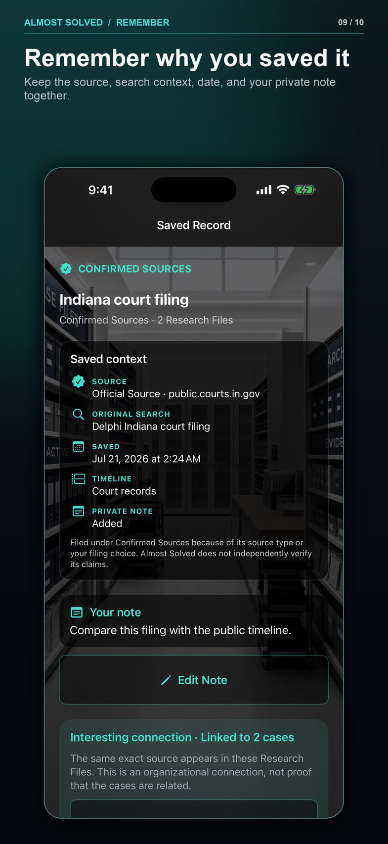 Build 33 screenshot 9 of 10 showing a saved record with search context and a private note