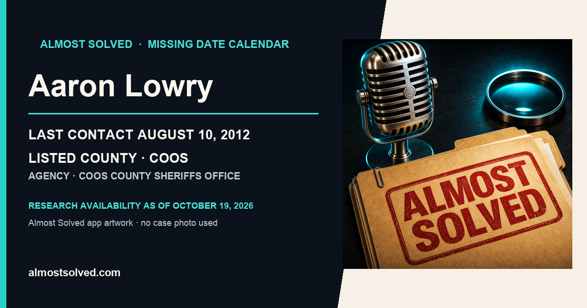 Almost Solved AppIcon artwork beside an official-record card for Aaron Lowry, last contact August 10, 2012, listed county COOS.