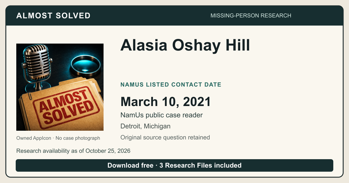 Almost Solved AppIcon beside Alasia Oshay Hill’s NamUs listed contact date, March 10, 2021. No case photograph.