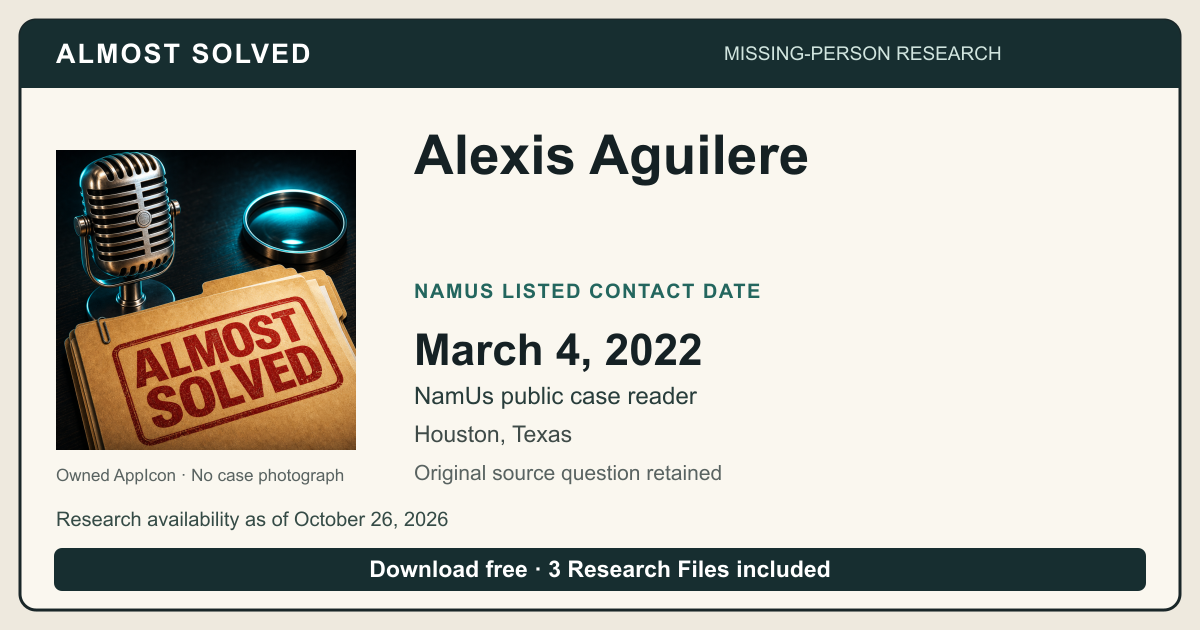 Almost Solved AppIcon beside Alexis Aguilere’s NamUs listed contact date, March 4, 2022. No case photograph.
