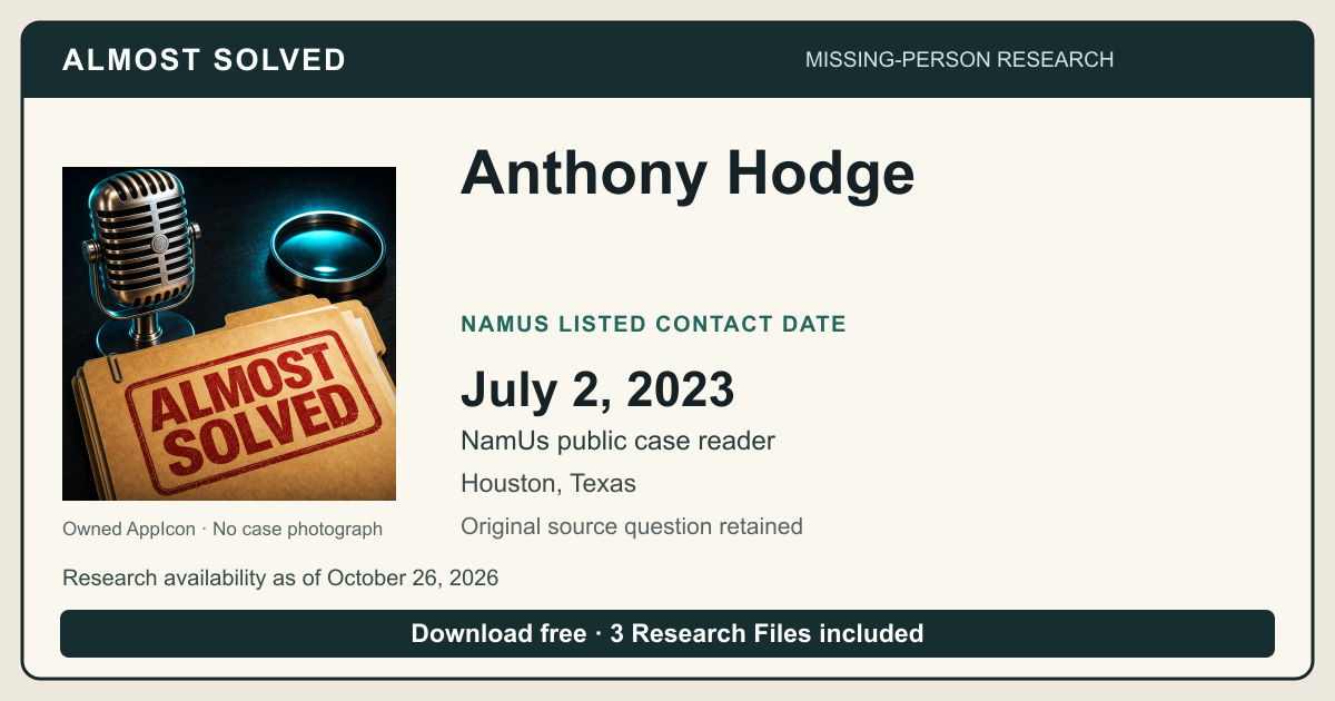 Almost Solved AppIcon beside Anthony Hodge’s NamUs listed contact date, July 2, 2023. No case photograph.