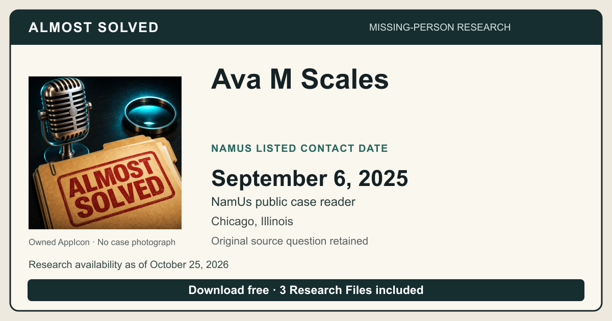 Almost Solved AppIcon beside Ava M Scales’s NamUs listed contact date, September 6, 2025. No case photograph.