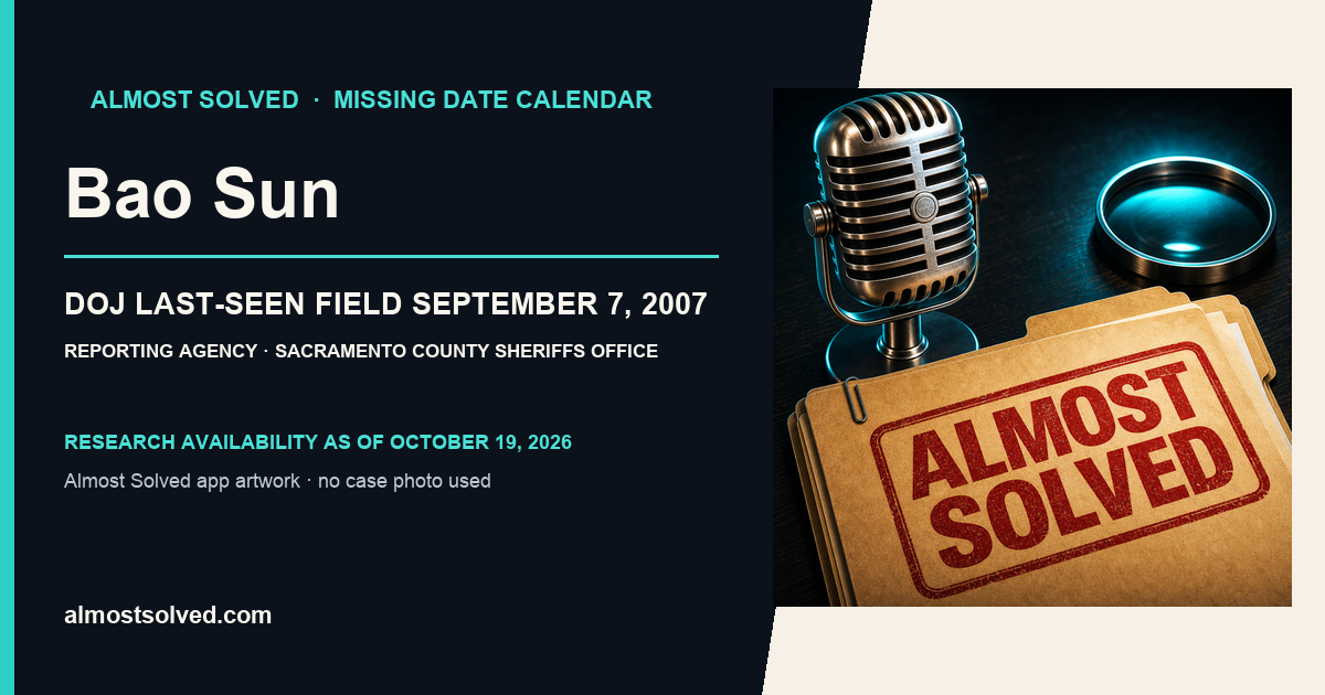 Almost Solved AppIcon artwork beside an official-record card for Bao Sun, doj date last seen field september 7, 2007, reporting agency Sacramento County Sheriffs Office.
