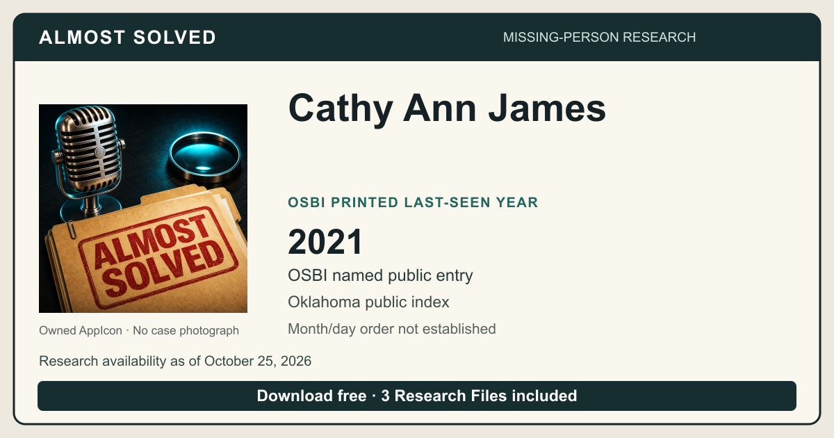 Almost Solved AppIcon beside Cathy Ann James’s OSBI printed last-seen year 2021. No case photograph.
