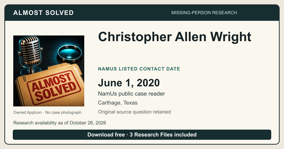 Almost Solved AppIcon beside Christopher Allen Wright’s NamUs listed contact date, June 1, 2020. No case photograph.
