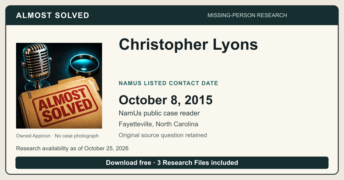 Almost Solved AppIcon beside Christopher Lyons’s NamUs listed contact date, October 8, 2015. No case photograph.