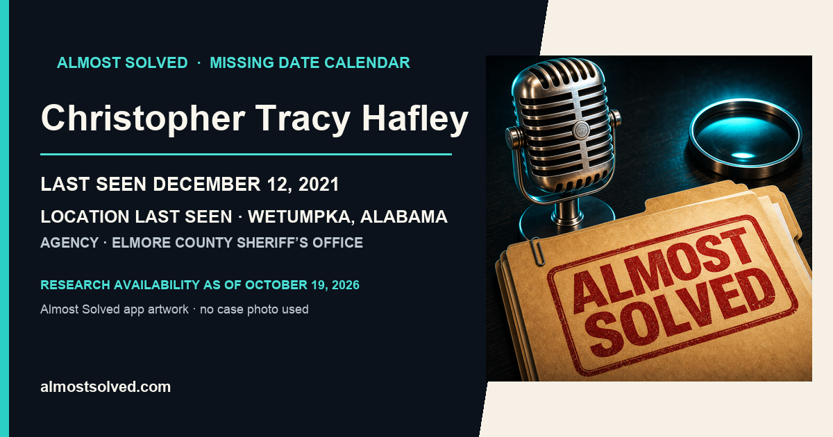 Almost Solved AppIcon artwork beside an official-record card for Christopher Tracy Hafley, last seen December 12, 2021, location last seen Wetumpka, Alabama.