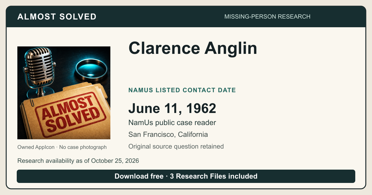 Almost Solved AppIcon beside Clarence Anglin’s NamUs listed contact date, June 11, 1962. No case photograph.