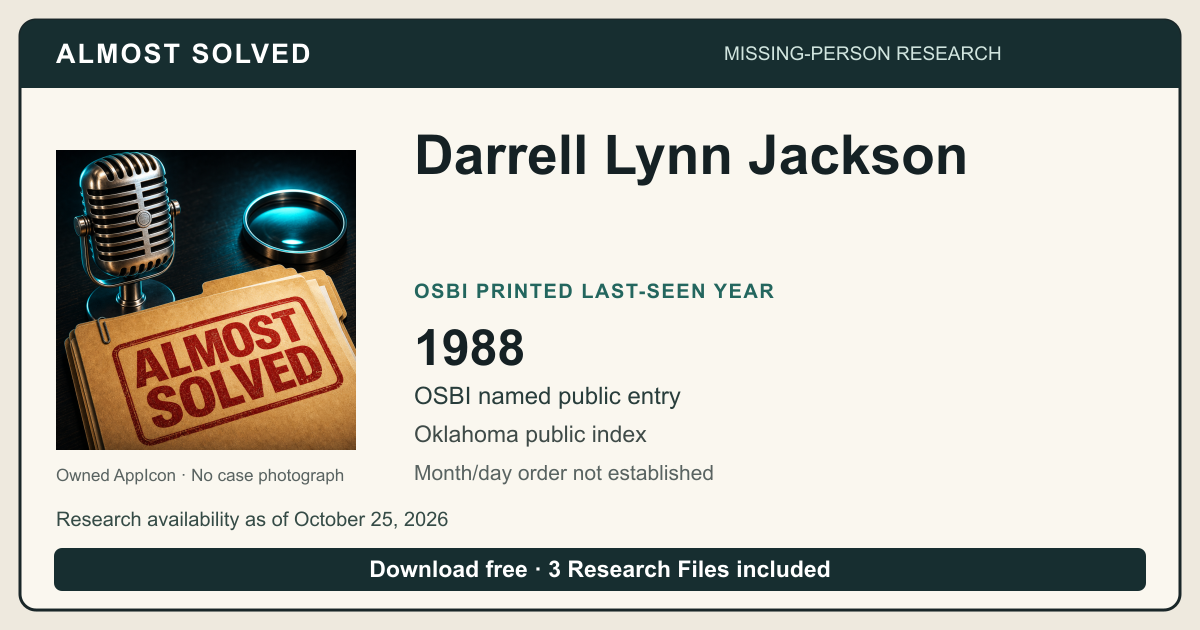 Almost Solved AppIcon beside Darrell Lynn Jackson’s OSBI printed last-seen year 1988. No case photograph.