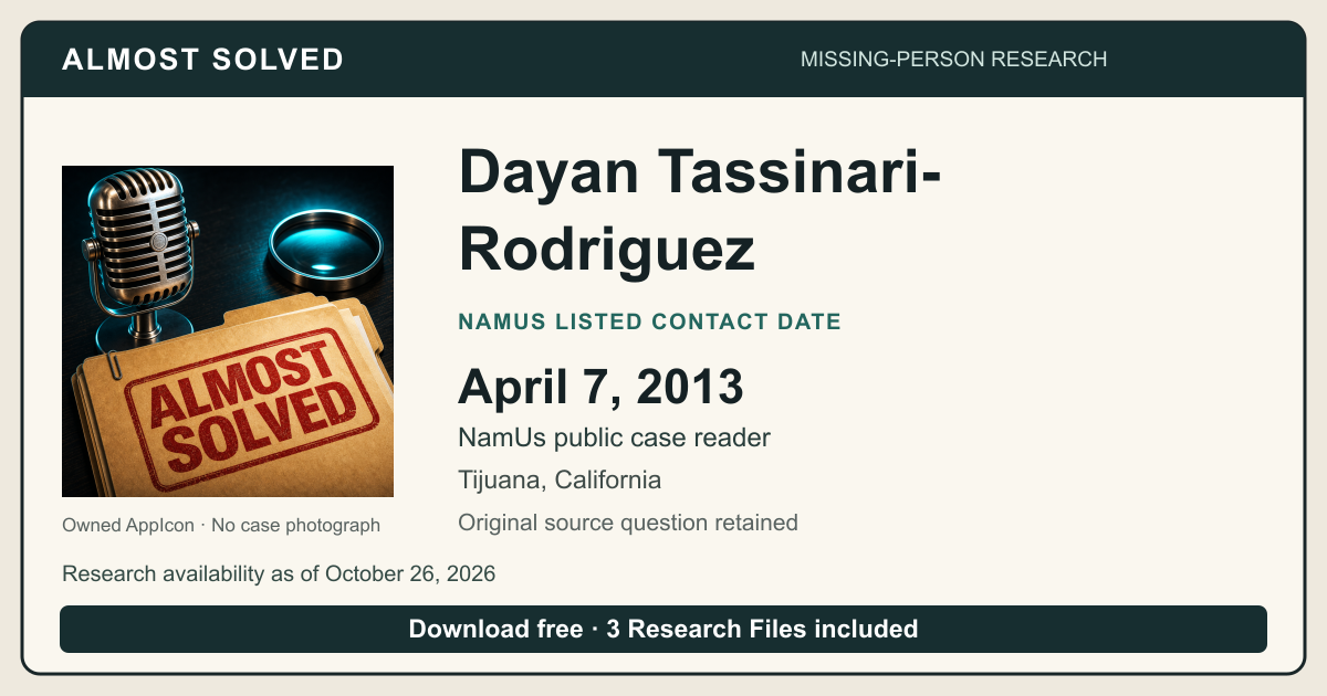 Almost Solved AppIcon beside Dayan Tassinari-Rodriguez’s NamUs listed contact date, April 7, 2013. No case photograph.