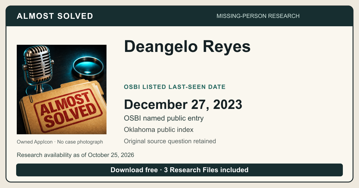 Almost Solved AppIcon beside Deangelo Reyes’s OSBI printed last-seen date 2023-12-27. No case photograph.