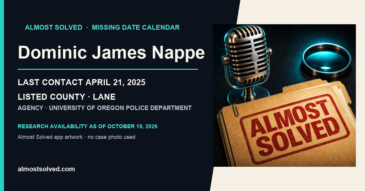 Almost Solved AppIcon artwork beside an official-record card for Dominic James Nappe, last contact April 21, 2025, listed county LANE.