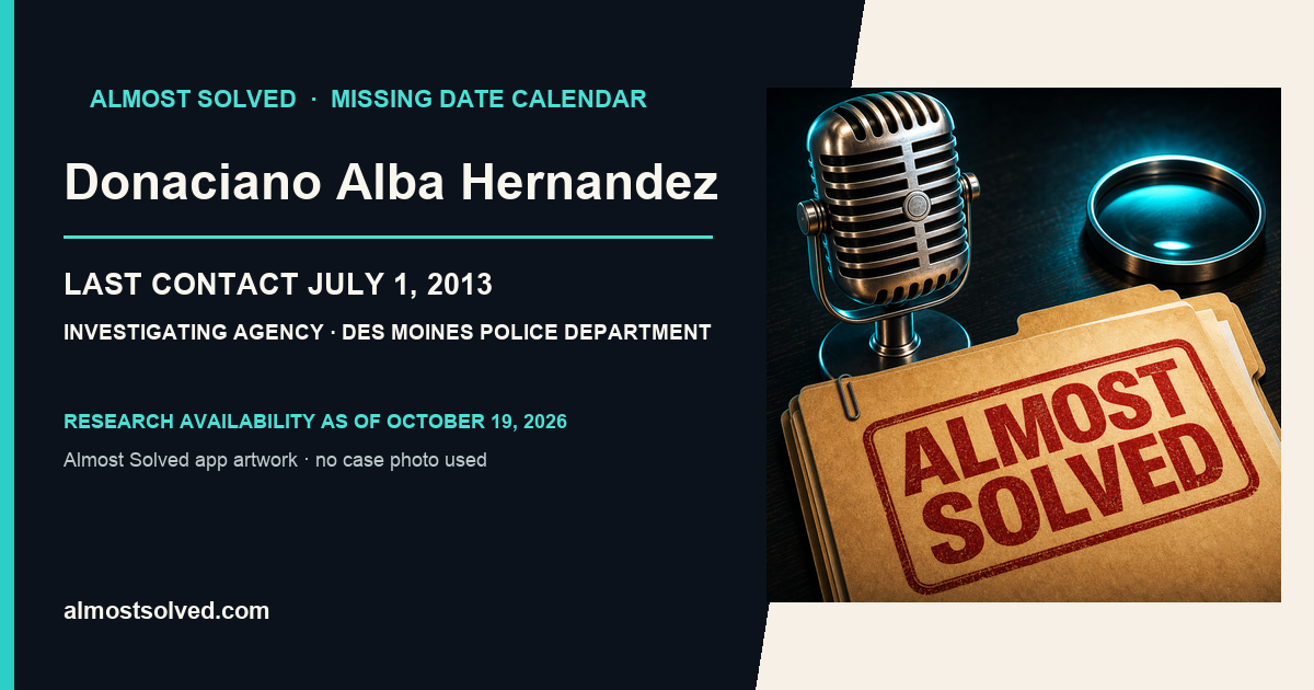 Almost Solved AppIcon beside a NamUs source-based date card for Donaciano Alba Hernandez; last contact july 1, 2013; investigating agency Des Moines Police Department. No case photo is shown.