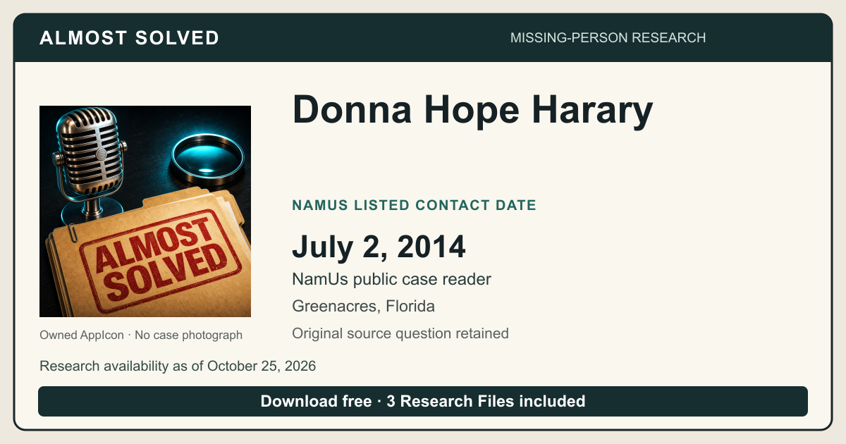 Almost Solved AppIcon beside Donna Hope Harary’s NamUs listed contact date, July 2, 2014. No case photograph.