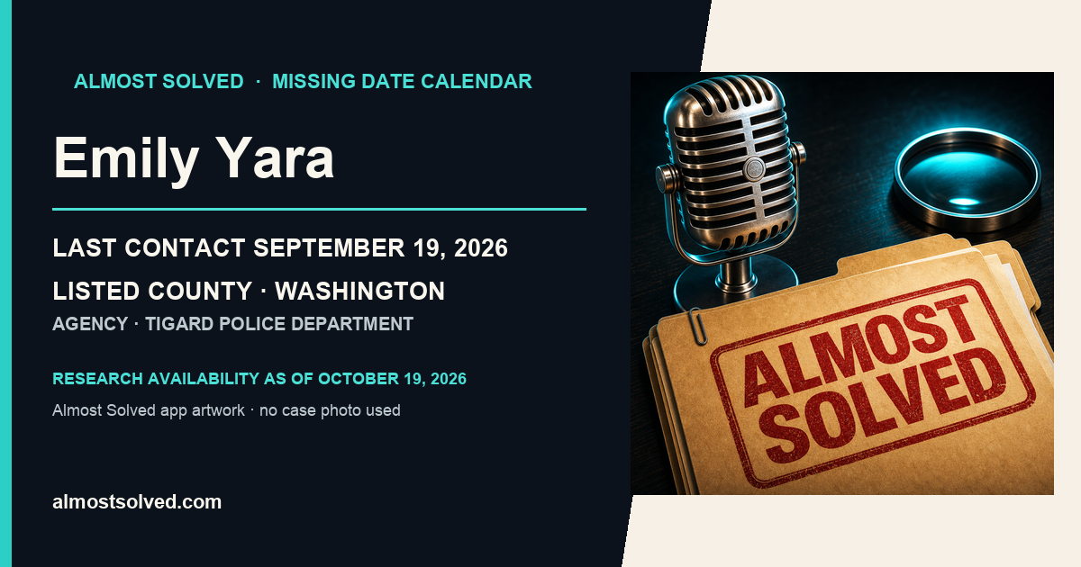Almost Solved AppIcon artwork beside an official-record card for Emily Yara, last contact September 19, 2026, listed county WASHINGTON.