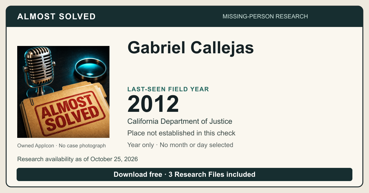 Almost Solved AppIcon and Gabriel Callejas’s source-based last-seen field year 2012; no month or day selected. No case photograph.