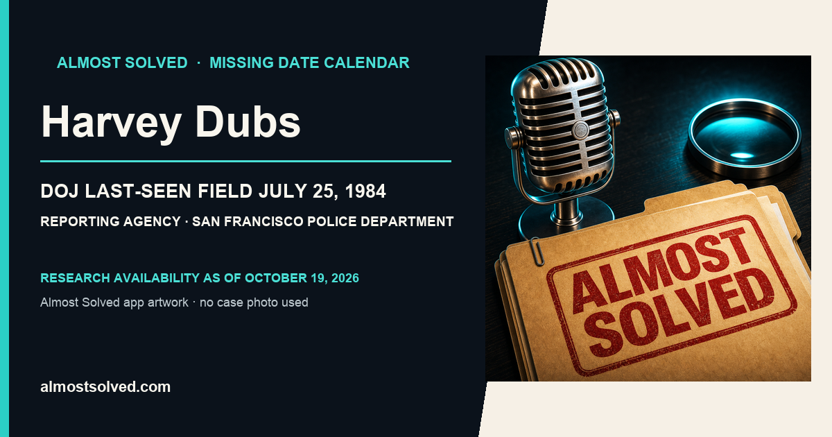 Almost Solved AppIcon artwork beside an official-record card for Harvey Dubs, doj date last seen field july 25, 1984, reporting agency San Francisco Police Department.