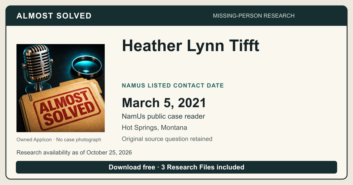Almost Solved AppIcon beside Heather Lynn Tifft’s NamUs listed contact date, March 5, 2021. No case photograph.