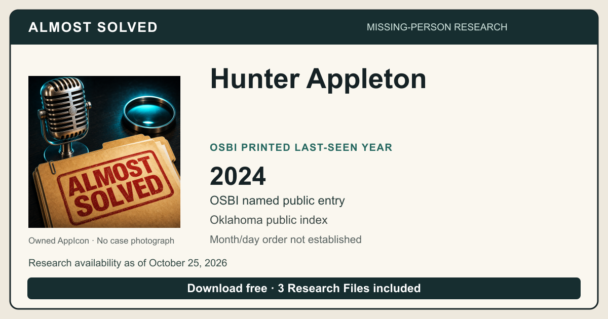 Almost Solved AppIcon beside Hunter Appleton’s OSBI printed last-seen year 2024. No case photograph.