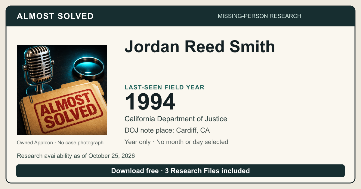 Almost Solved AppIcon and Jordan Reed Smith’s source-based last-seen field year 1994; no month or day selected. No case photograph.
