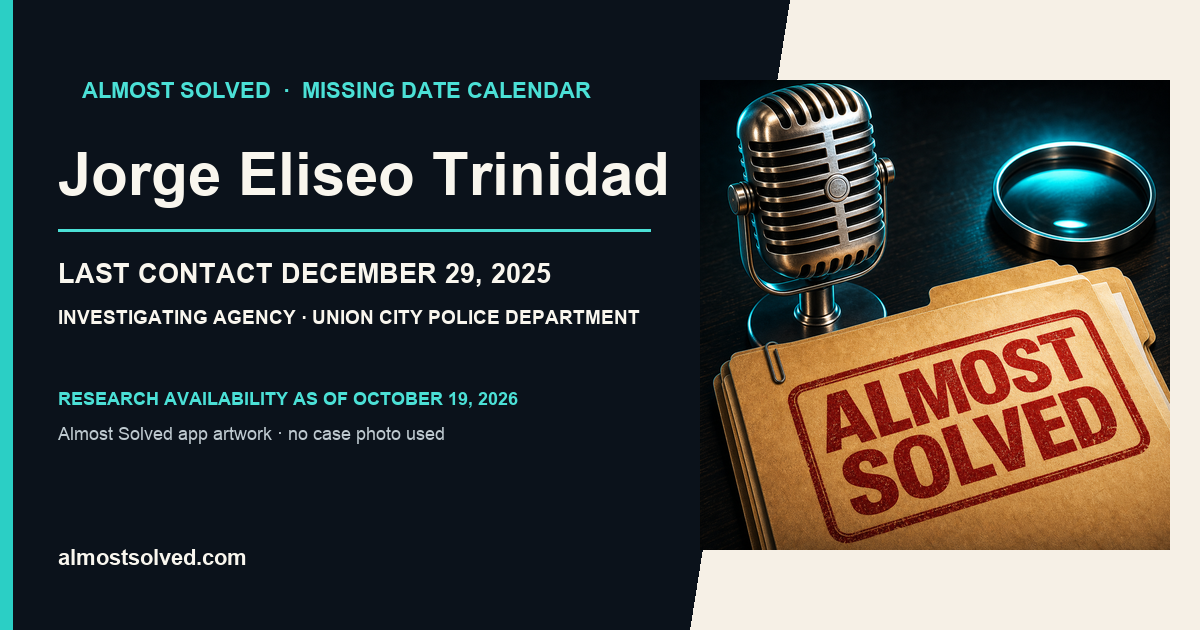 Almost Solved AppIcon beside a NamUs source-based date card for Jorge Eliseo Trinidad; last contact december 29, 2025; investigating agency Union City Police Department. No case photo is shown.