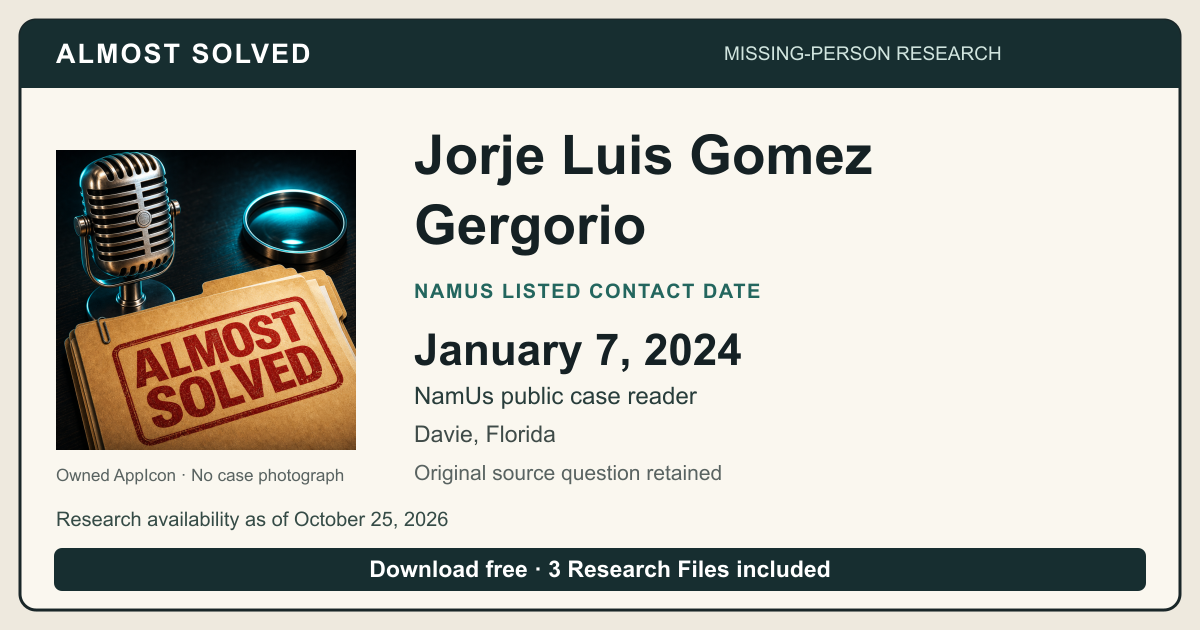 Almost Solved AppIcon beside Jorje Luis Gomez Gergorio’s NamUs listed contact date, January 7, 2024. No case photograph.