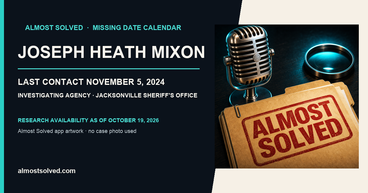 Almost Solved AppIcon beside a NamUs source-based date card for JOSEPH HEATH MIXON; last contact november 5, 2024; investigating agency Jacksonville Sheriff's Office. No case photo is shown.