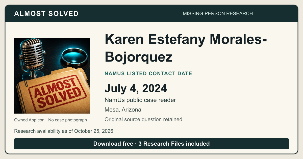 Almost Solved AppIcon beside Karen Estefany Morales-Bojorquez’s NamUs listed contact date, July 4, 2024. No case photograph.