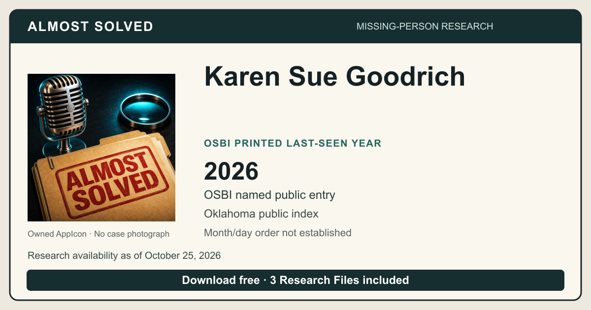 Almost Solved AppIcon beside Karen Sue Goodrich’s OSBI printed last-seen year 2026. No case photograph.