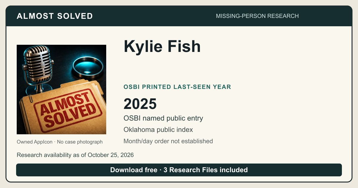 Almost Solved AppIcon beside Kylie Fish’s OSBI printed last-seen year 2025. No case photograph.