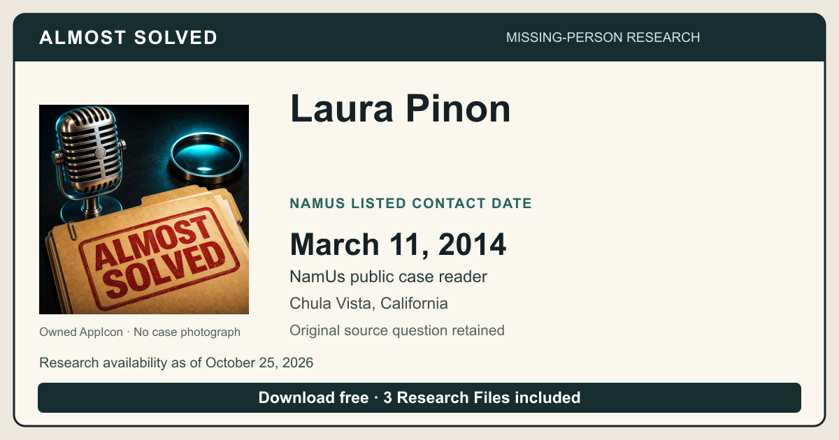 Almost Solved AppIcon beside Laura Pinon’s NamUs listed contact date, March 11, 2014. No case photograph.