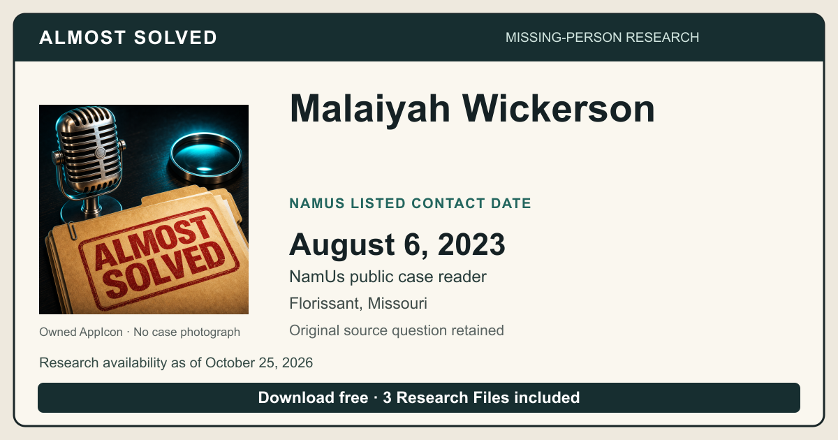 Almost Solved AppIcon beside Malaiyah Wickerson’s NamUs listed contact date, August 6, 2023. No case photograph.