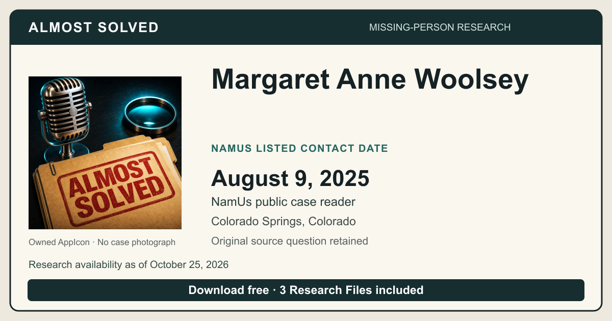 Almost Solved AppIcon beside Margaret Anne Woolsey’s NamUs listed contact date, August 9, 2025. No case photograph.