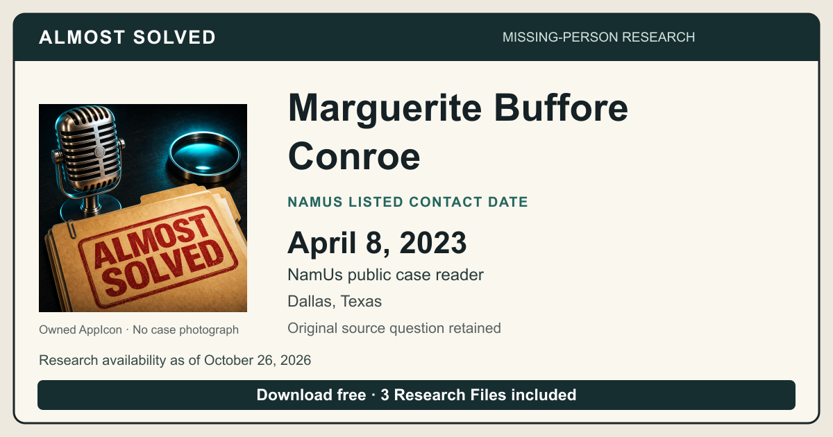 Almost Solved AppIcon beside Marguerite Buffore Conroe’s NamUs listed contact date, April 8, 2023. No case photograph.