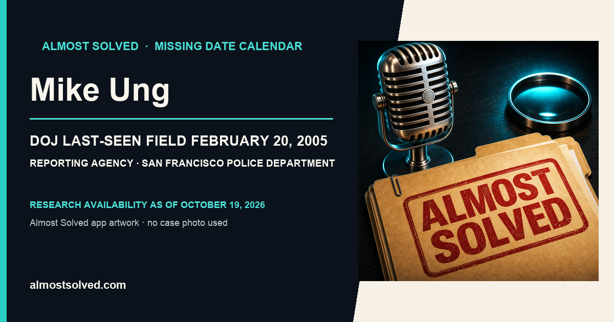 Almost Solved AppIcon artwork beside an official-record card for Mike Ung, doj date last seen field february 20, 2005, reporting agency San Francisco Police Department.