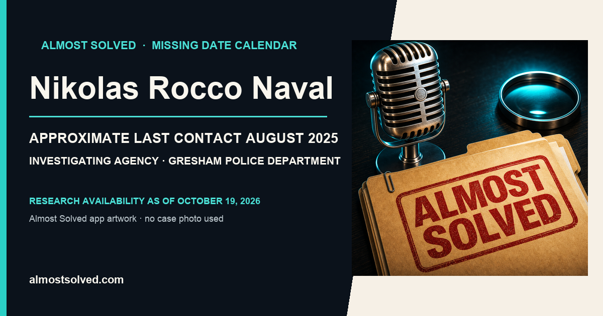 Almost Solved AppIcon beside a NamUs source-based date card for Nikolas Rocco Naval; approximate last contact august 2025; investigating agency Gresham Police Department. No case photo is shown.