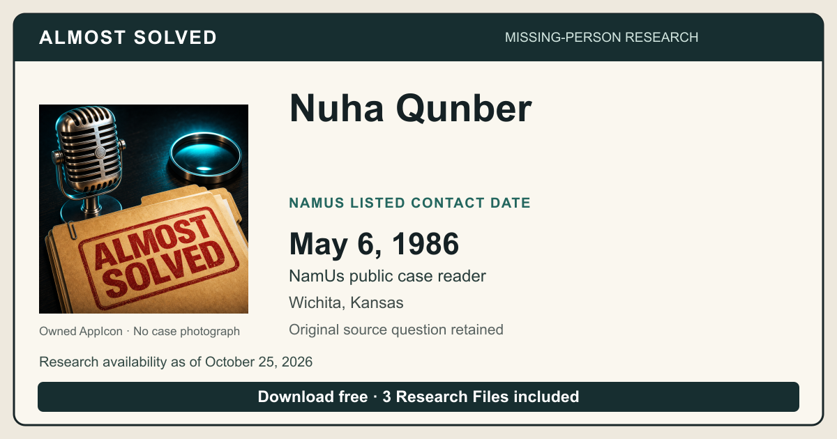 Almost Solved AppIcon beside Nuha Qunber’s NamUs listed contact date, May 6, 1986. No case photograph.