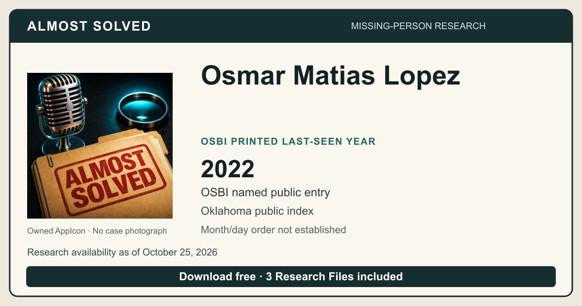 Almost Solved AppIcon beside Osmar Matias Lopez’s OSBI printed last-seen year 2022. No case photograph.