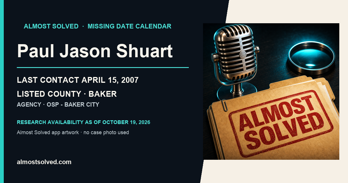 Almost Solved AppIcon artwork beside an official-record card for Paul Jason Shuart, last contact April 15, 2007, listed county BAKER.