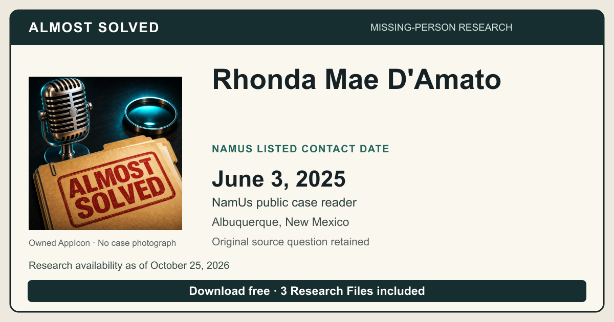 Almost Solved AppIcon beside Rhonda Mae D'Amato’s NamUs listed contact date, June 3, 2025. No case photograph.