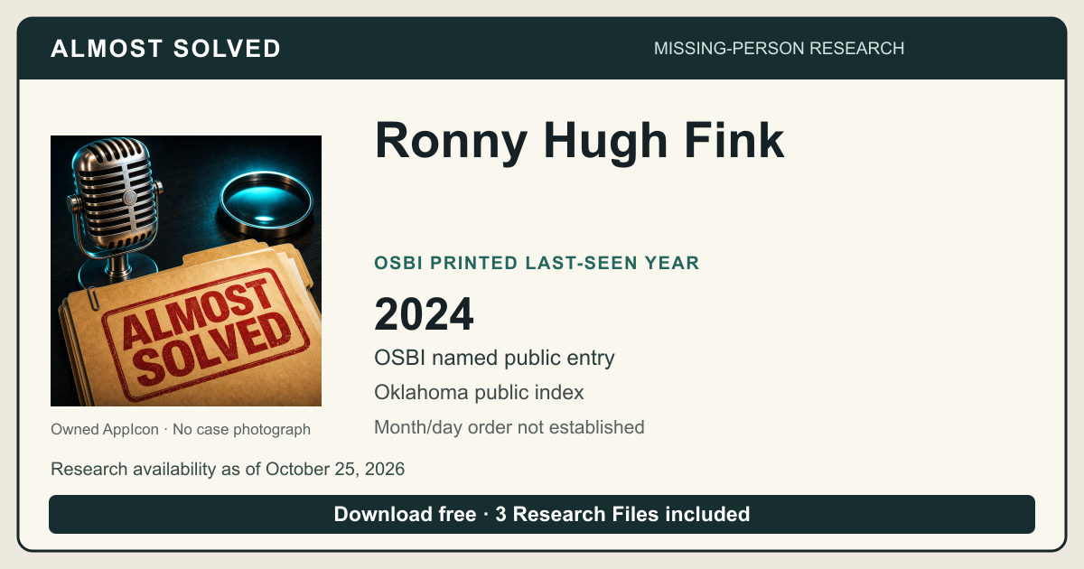 Almost Solved AppIcon beside Ronny Hugh Fink’s OSBI printed last-seen year 2024. No case photograph.