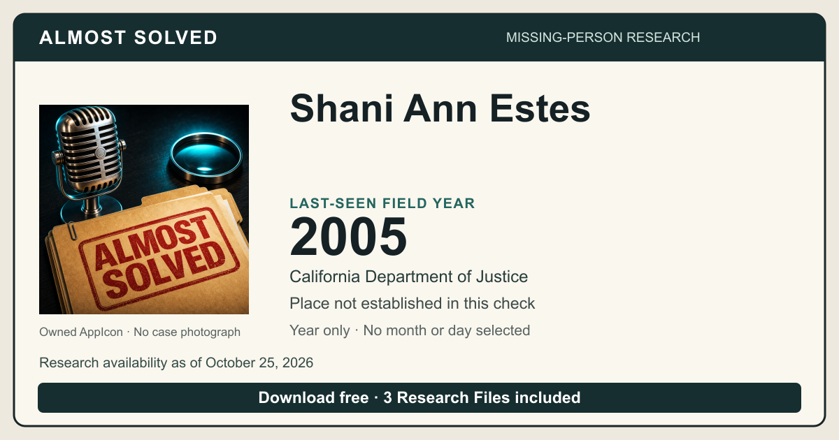 Almost Solved AppIcon and Shani Ann Estes’s source-based last-seen field year 2005; no month or day selected. No case photograph.