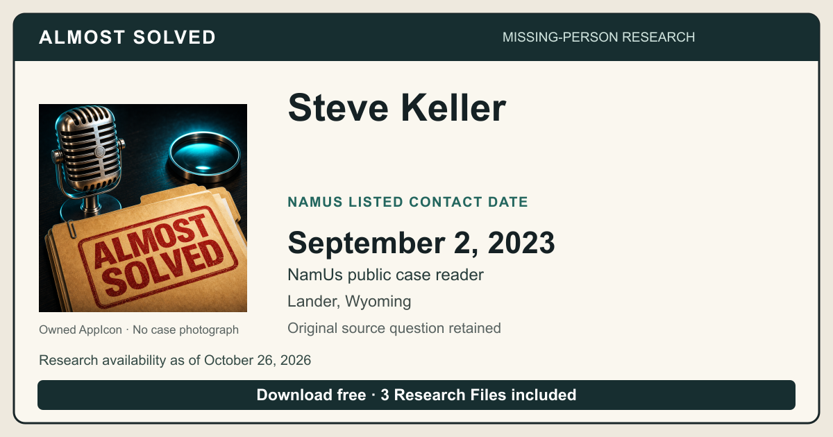 Almost Solved AppIcon beside Steve Keller’s NamUs listed contact date, September 2, 2023. No case photograph.