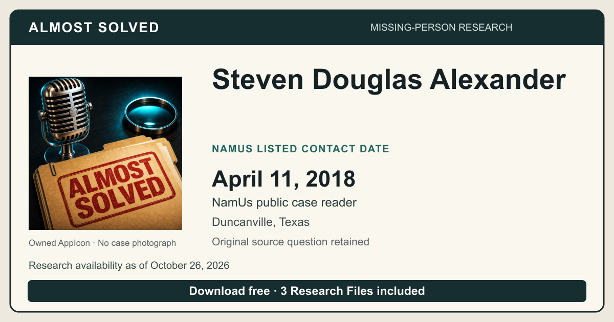 Almost Solved AppIcon beside Steven Douglas Alexander’s NamUs listed contact date, April 11, 2018. No case photograph.
