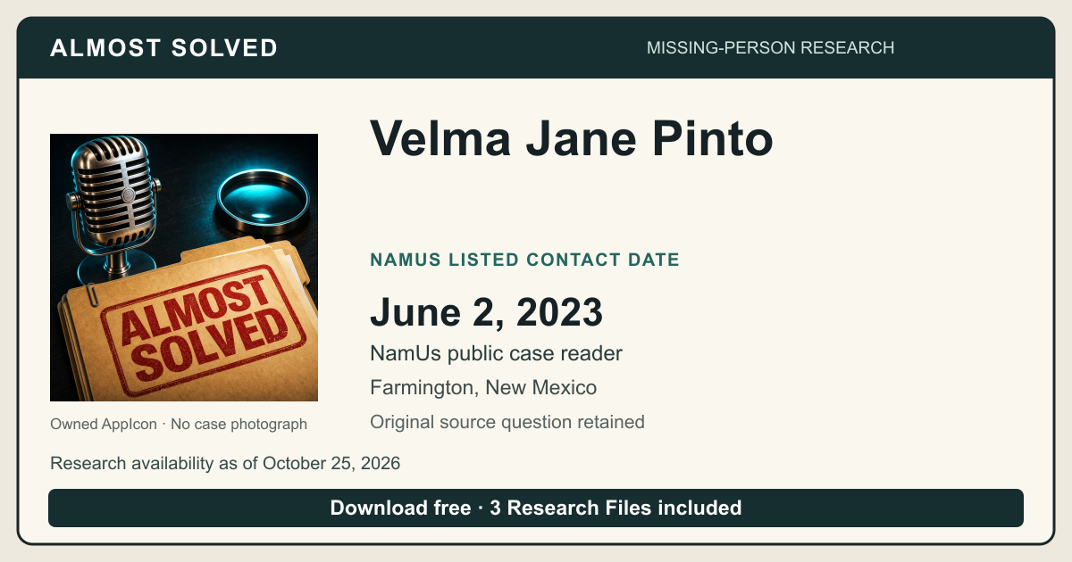 Almost Solved AppIcon beside Velma Jane Pinto’s NamUs listed contact date, June 2, 2023. No case photograph.
