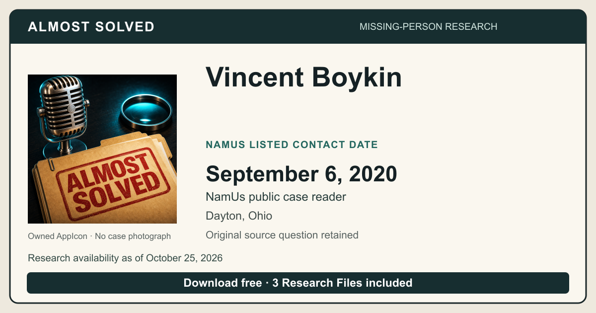 Almost Solved AppIcon beside Vincent Boykin’s NamUs listed contact date, September 6, 2020. No case photograph.
