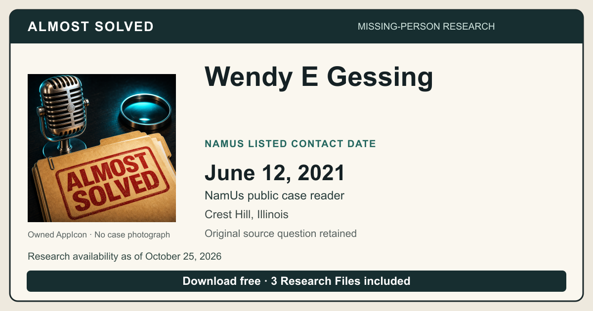 Almost Solved AppIcon beside Wendy E Gessing’s NamUs listed contact date, June 12, 2021. No case photograph.
