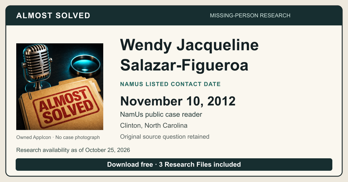 Almost Solved AppIcon beside Wendy Jacqueline Salazar-Figueroa’s NamUs listed contact date, November 10, 2012. No case photograph.